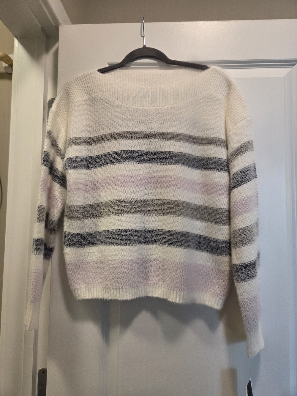 Leighton Striped Fuzzy Knit Sweater Women’s Small Pink Gray Cream NWT